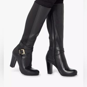 (B6) Dune London, black leather knee-high boots with heel,Size 10/41